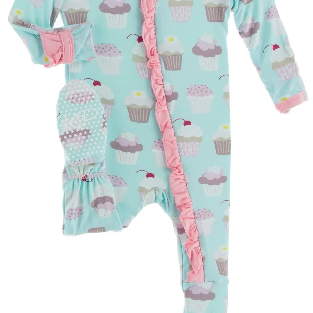 KicKee Pants Ruffle Footie Girls 0-3M Bamboo Summer Sky Cupcake Sleeper Pajamas